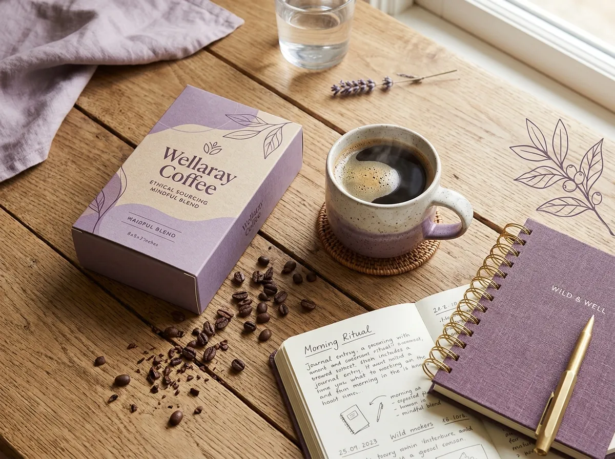 Wellaray Coffee Beutel neben einer Tasse Kaffee auf einem Holztisch